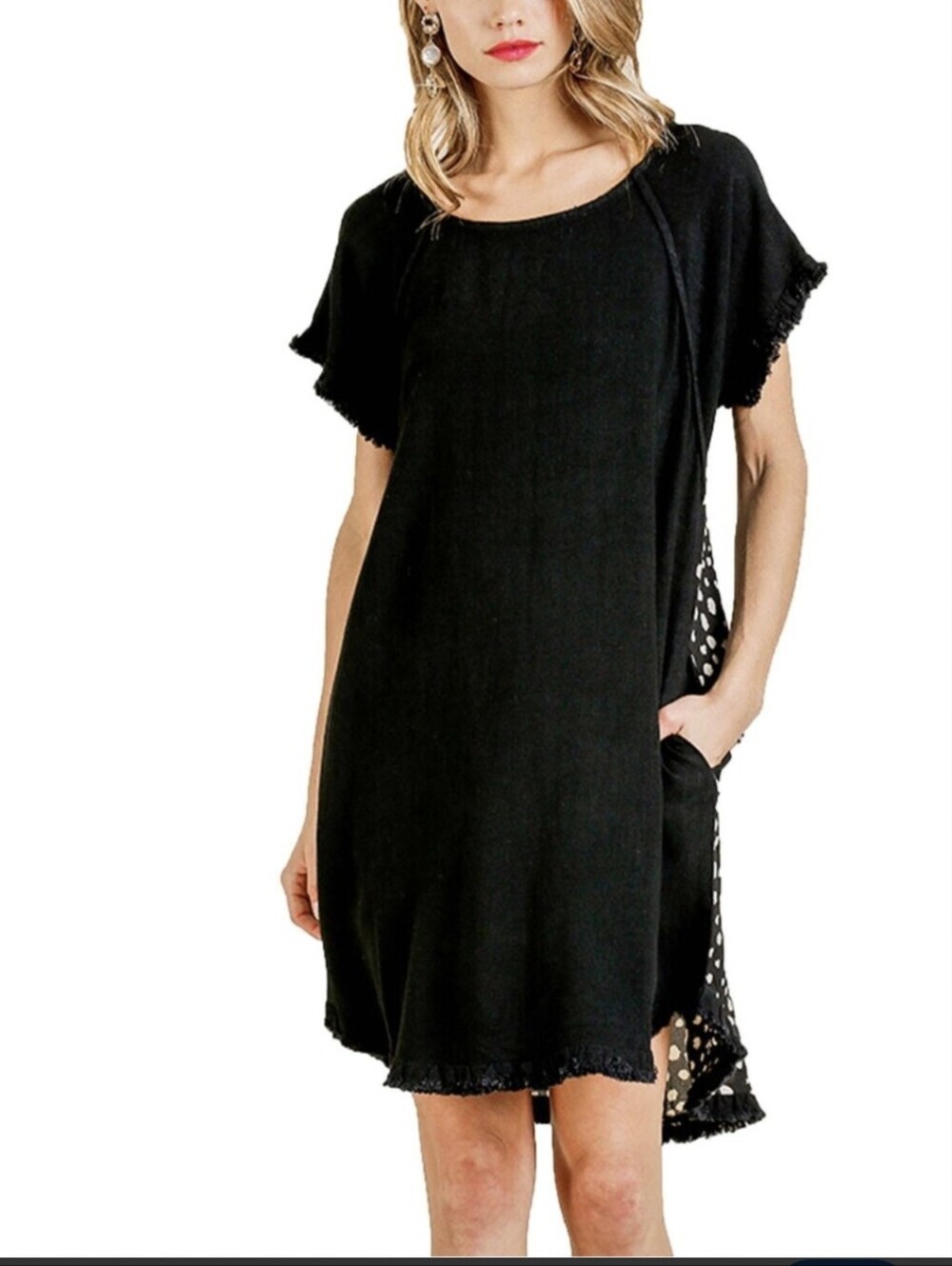 Umgee Dalmation Color-block Linen Blend Short Sleeve Dress Frayed Hem Tunic Sz L